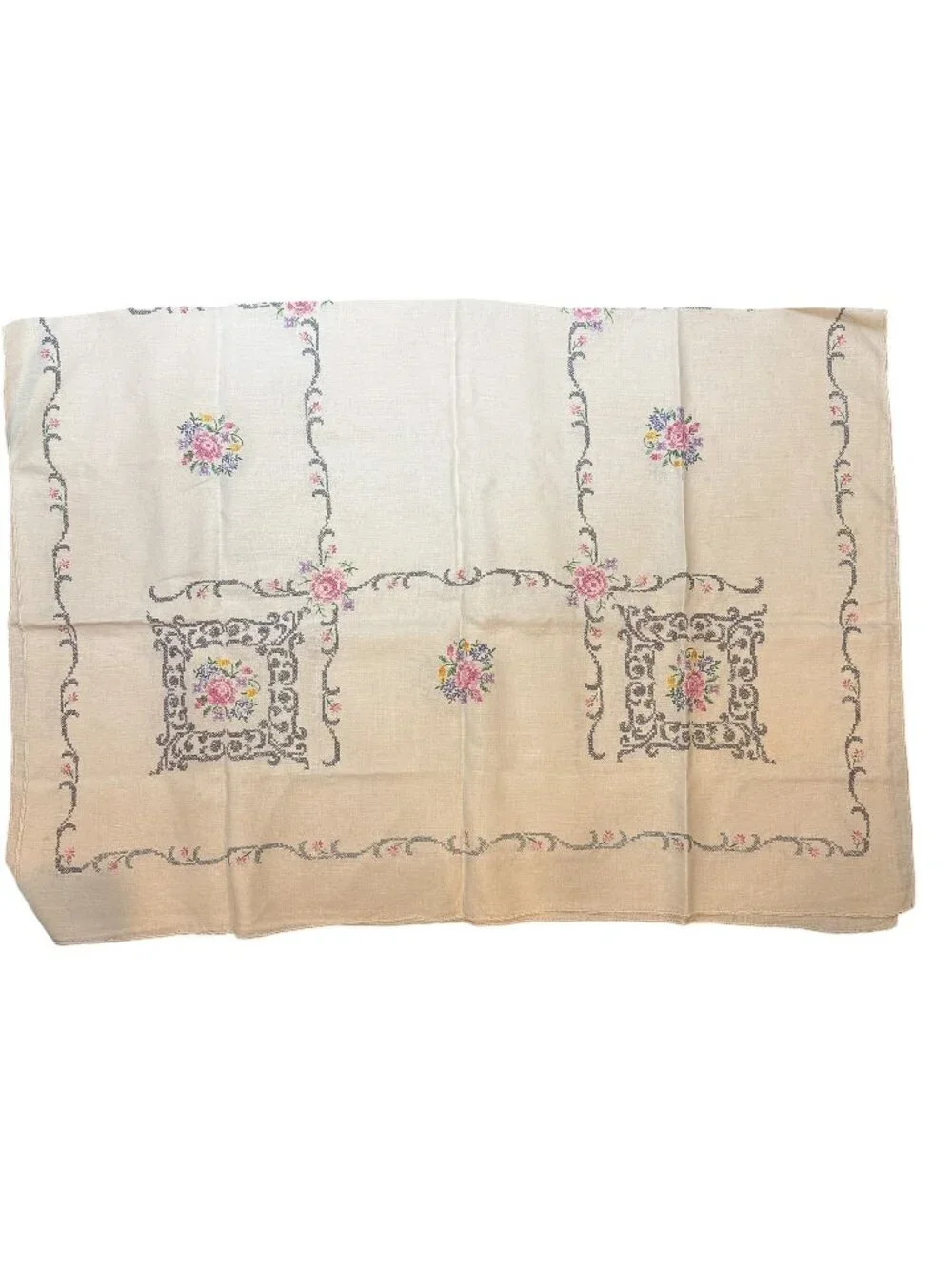 Vintage Cross Stitch Embroidery Floral Handmade Tablecloth With 5 Matching Napki